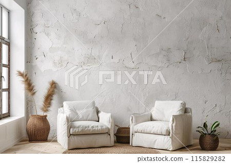 A minimalist living room with two white cushioned armchairs placed in front of a textured, white plaster wall by Generative AI A minimalist living room with two white cushioned armchairs placed in front of a textured, white plaster wall by Generative AI 115829282