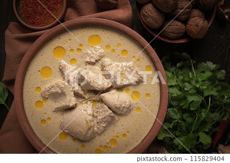 Satsivi, chicken in walnut sauce Baghe , cold dish, Georgian cuisine, homemade, no people, 115829404