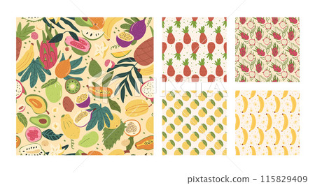 Tropical fruits seamless patterns collection. Dragonfruit, banana and papaya, guanabana endless background set. Guava, lychee and pineapple repeat covers. Vector flat hand drawn illustration. Tropical fruits seamless patterns collection. Dragonfruit, banana and papaya, guanabana endless background set. Guava, lychee and pineapple repeat covers. Vector flat hand drawn illustration. 115829409