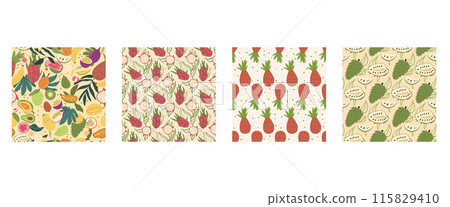 Various tropical fruits seamless patterns collection. Dragon fruit, pineapple and guanabana endless background set. Summer healthy food repeat covers. Vector flat hand drawn illustration. Various tropical fruits seamless patterns collection. Dragon fruit, pineapple and guanabana endless background set. Summer healthy food repeat covers. Vector flat hand drawn illustration. 115829410