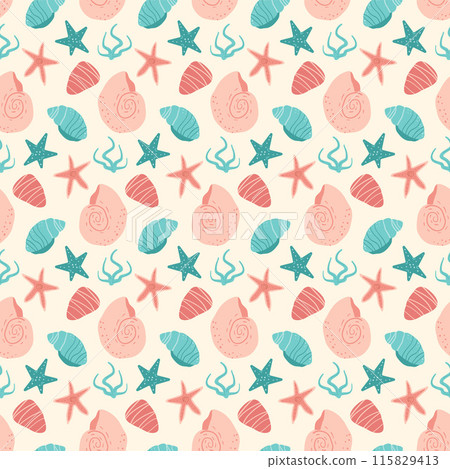 Shells and starfish seamless pattern. Barnacles and seaweed endless background. Seashell and stones repeat backdrop. Vector hand drawn flat illustration. 115829413
