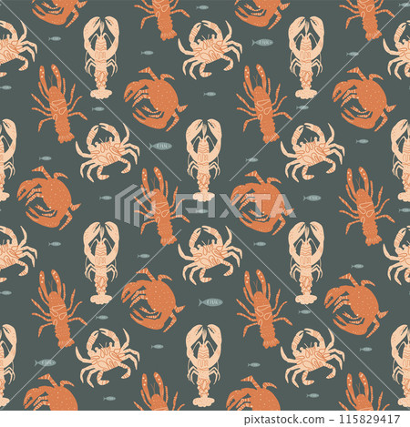 Crustaceans seamless pattern. Underwater world endless background. Lobster, crabs and crayfish. Vector hand drawn flat illustration. 115829417
