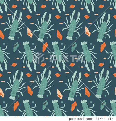 Seamless pattern with crawfishes and shells. Fish and crustacean repeat cover backdrop. Underwater sea life endless background. Marine world. Vector hand drawn flat illustration. 115829418