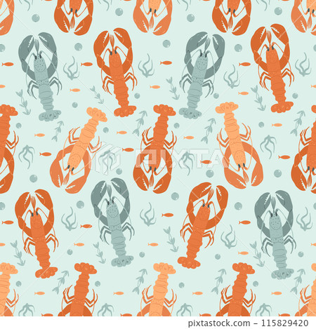 Crustaceans seamless pattern. Underwater world repeated background. Lobster and crawfishes. Vector hand drawn flat illustration. 115829420