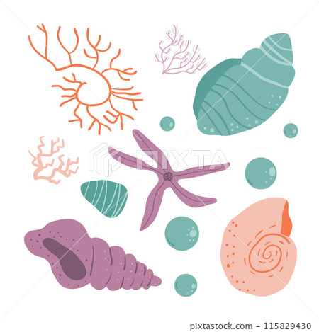 Coral, seashells, and a starfish in pastel colors, showcasing the delicate beauty of underwater ecosystems. Set of Vector hand drawn flat illustration. Coral, seashells, and a starfish in pastel colors, showcasing the delicate beauty of underwater ecosystems. Set of Vector hand drawn flat illustration. 115829430