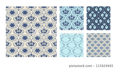 Vintage damask flowers and branches seamless patterns collection. Floral retro endless backgrounds set. Flower and leaves ornament tile. Blue botanic repeat cover. Vector hand drawn illustration. 115829485