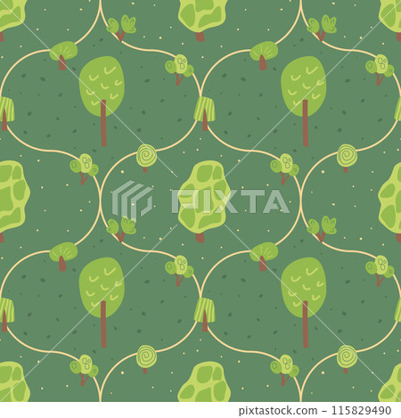 Forest landscape seamless pattern. Trees and trails endless background. Park damask repeat cover. Nature environment damask loop ornament. Vector hand drawn illustration. Forest landscape seamless pattern. Trees and trails endless background. Park damask repeat cover. Nature environment damask loop ornament. Vector hand drawn illustration. 115829490
