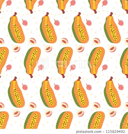 Papaya and lychee seamless pattern. Tropical ripe half slices repeat background. Vector hand drawn flat illustration. 115829492