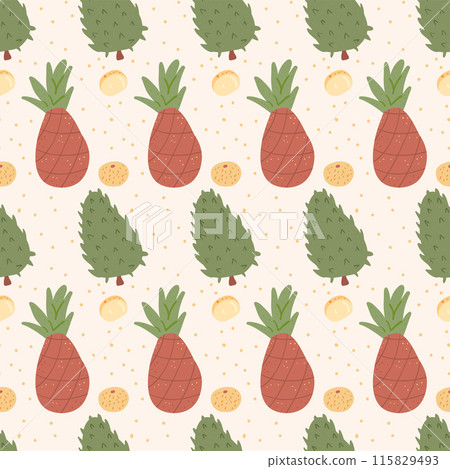 Tropical fruits seamless pattern. Pineapple, longan and guanabana endless background. Exotic repeat cover. Vector hand drawn illustration. Tropical fruits seamless pattern. Pineapple, longan and guanabana endless background. Exotic repeat cover. Vector hand drawn illustration. 115829493