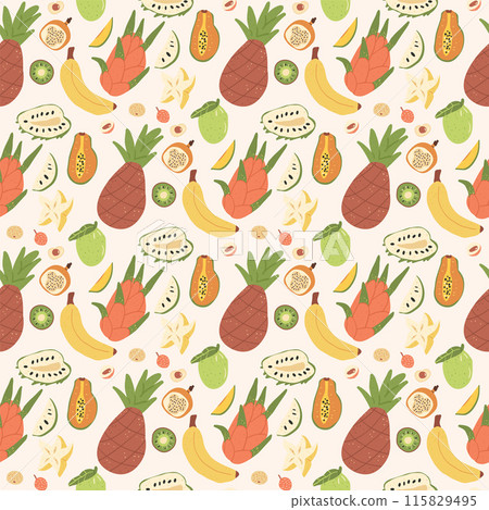 Fruits seamless pattern. Tropical pineapple, papaya, dragonfruits and bananas with carambola, repeat cover. Exotic sweet cut and whole fruit endless background. Vector hand drawn illustration. Fruits seamless pattern. Tropical pineapple, papaya, dragonfruits and bananas with carambola, repeat cover. Exotic sweet cut and whole fruit endless background. Vector hand drawn illustration. 115829495