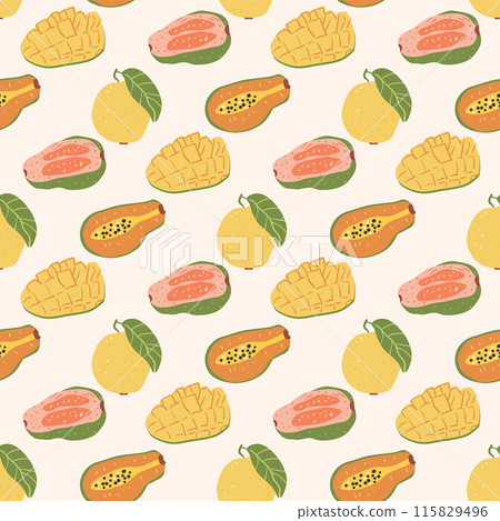 Fruits half and slices seamless pattern. Mango, guava, papaya exotic food endless background. Vector hand drawn illustration. Fruits half and slices seamless pattern. Mango, guava, papaya exotic food endless background. Vector hand drawn illustration. 115829496