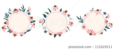 Coneflowers wreath set isolated on white background. Floral circular frames collection. Circle scribble border of bouquet. Vector flat hand drawn illustration. Coneflowers wreath set isolated on white background. Floral circular frames collection. Circle scribble border of bouquet. Vector flat hand drawn illustration. 115829511