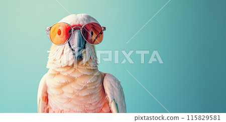 Stylish cockatoo parrot in sunglasses on blue background with copy space. Bright banner that creates desire for vacation and travel 115829581