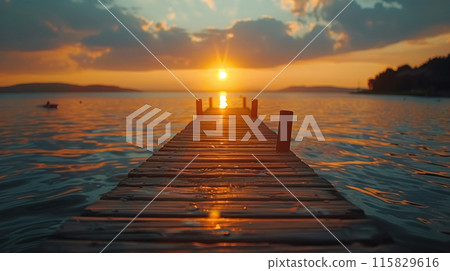 Sunrise on lake against background of an old empty wooden pier, calm quiet evening on water, blurry backdrop with copy space 115829616