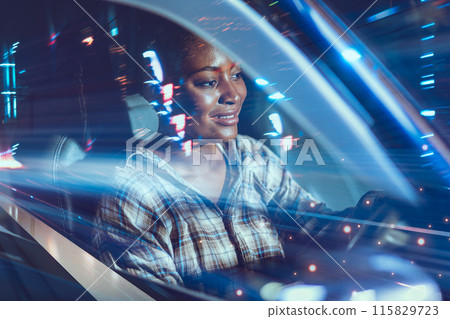 Happy Women Driving a Car double exposure Futuristic Lighting Effect. Enjoy Travel Move Forward Fast Speed Night City. Happy Women Driving a Car double exposure Futuristic Lighting Effect. Enjoy Travel Move Forward Fast Speed Night City. 115829723