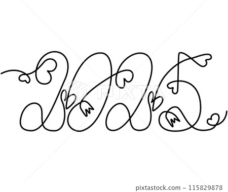 2025 hand drawn continuous line lettering with decorative hearts and flowers. Greeting template idea 115829878
