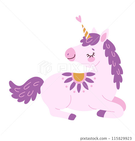 Cute lavender magical sleeping unicorn. Hand drawn flat style magical pony  115829923