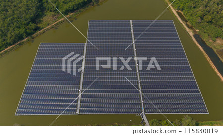 Power panels for green energy. Floating solar panels or solar cell Platform system on the lake. Power panels for green energy. Floating solar panels or solar cell Platform system on the lake. 115830019