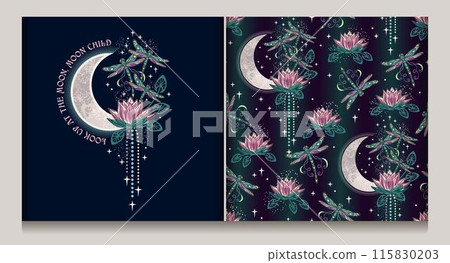 Seamless celestial pattern, label with lotus flower, flying fantasy dragonflies, moon crescent, stars. Mysterious magic concept. Colorful illustration in vintage style. Seamless celestial pattern, label with lotus flower, flying fantasy dragonflies, moon crescent, stars. Mysterious magic concept. Colorful illustration in vintage style. 115830203