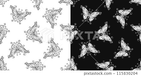 Seamless patterns with fantasy flying butterflies with spread wings in Art Nouveau style. Set of patterns on black, white background. Seamless patterns with fantasy flying butterflies with spread wings in Art Nouveau style. Set of patterns on black, white background. 115830204