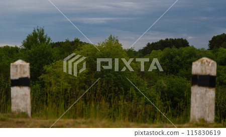 2 White concrete pillars with a black stripe on a forest background 115830619