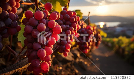 Grape plantations bask in the golden afternoon light rows perfectly aligned. The air around grape plantations is fragrant with ripening fruit. Grape plantations symbolize the art of winemaking 115830882