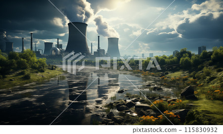 At the nuclear power plant technology meets sustainability. The nuclear power plant hums with activity, generating clean energy. Around the nuclear power plant, security is paramount 115830932
