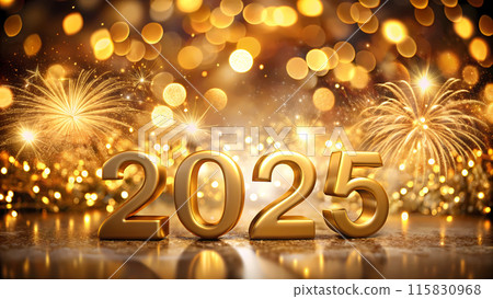 Golden numbers 2025 against the background of fireworks for Christmas and New Year Golden numbers 2025 against the background of fireworks for Christmas and New Year 115830968