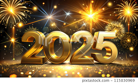 Golden numbers 2025 pzhkzhse against the background of fireworks for Christmas and New Year 115830969