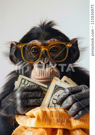 rich funny monkey in glasses with a bag of money 115830975