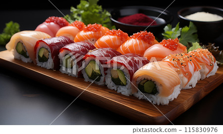 Nigiri sushi laid out beautifully seafood fresh atop seasoned rice. Nigiri sushi highlights traditional techniques. Delicate textures of nigiri sushi tantalize the palate 115830976