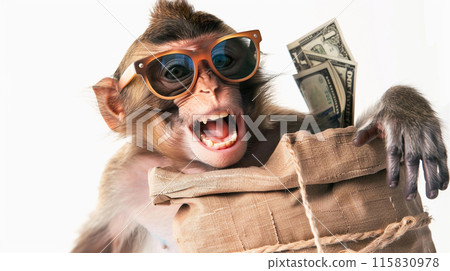 rich funny monkey in glasses with a bag of money 115830978