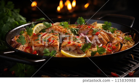 Tuna fried on high heat flips gracefully in the pan Tuna fried with precision, edges bronzing nicely. Juicy tuna fried, appealing to gourmet senses 115830988