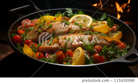 Tuna fried golden in sizzling pan, its aroma captivating. Tuna fried to perfection, each side crisp. Tuna fried skillfully, showcasing chef's finesse 115830990