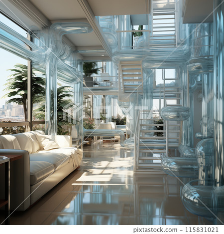 Enter a world of wonder through a transparent pipe, showcasing the vibrant activity within the house. Experience the mesmerizing journey as the pipe offers a unique perspective  115831021