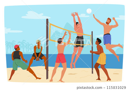 Group Of Male Friends Characters Enjoying A Competitive Game Of Beach Volleyball On A Sunny Day By The Sea 115831029