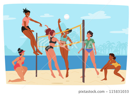 Joyful Female Friends Characters Group Playing Beach Volleyball On A Sunny Day. Vector Scene Captures Excitement 115831033