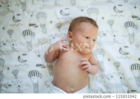 Portrait of cute little baby lying on bed, wearing diaper. 115831042