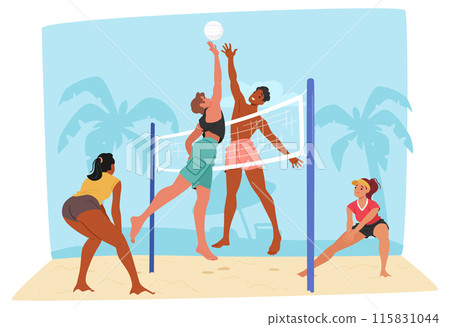 Group Of Friends Male And Female Characters Enjoying A Game Of Beach Volleyball On A Sunny Day, Cartoon Illustration Group Of Friends Male And Female Characters Enjoying A Game Of Beach Volleyball On A Sunny Day, Cartoon Illustration 115831044