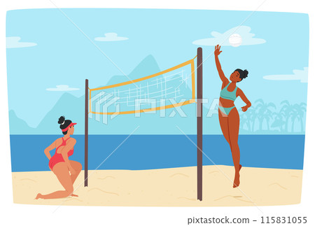 Two Women Enjoying A Game Of Beach Volleyball On A Sunny Day By The Sea. One Is Preparing To Return The Ball Two Women Enjoying A Game Of Beach Volleyball On A Sunny Day By The Sea. One Is Preparing To Return The Ball 115831055