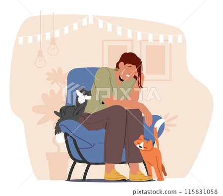 Sad Woman Sitting In A Chair With Two Cats In A Cozy Home Environment. Cartoon Vector Female Character Displays Sadness 115831058