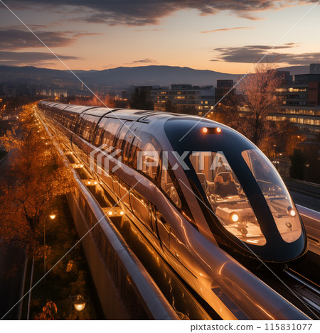 Zooming along the tracks, the high-speed train races forward, cutting through the landscape with unparalleled efficiency and speed, a marvel of modern engineering. passenger transportation concept 115831077