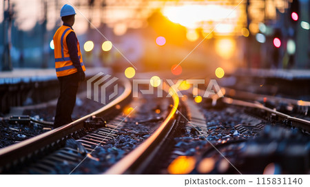 engineers work on the rails on the tracks on the railway 115831140