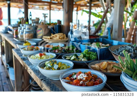 Beachside dining setup featuring a variety of food platters under a shaded canopy 115831328