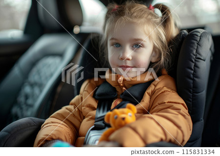 Smiling girl sitting in a car seat and holding a toy 115831334