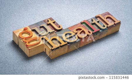 gut health - word abstract in vintage letterpress wood type printing blocks, digestive health concept 115831446