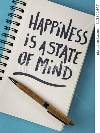 happiness is a state of mind  - inspirational handwriting in a spiral notebook, success, positivity and personal development concept 115831447