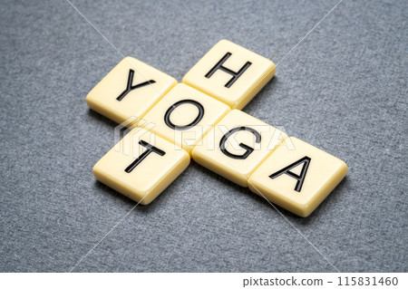 hot yoga, practice performed in a hot and humid environment, crossword in ivory tiles against gray textured paper hot yoga, practice performed in a hot and humid environment, crossword in ivory tiles against gray textured paper 115831460
