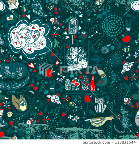 Cute animals in the village Seamless pattern. Photo wallpaper on the wall in the children's room. hand drawing. Not AI, Vector illustration 115831544