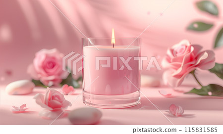 pink scented candle with rose petals 115831585